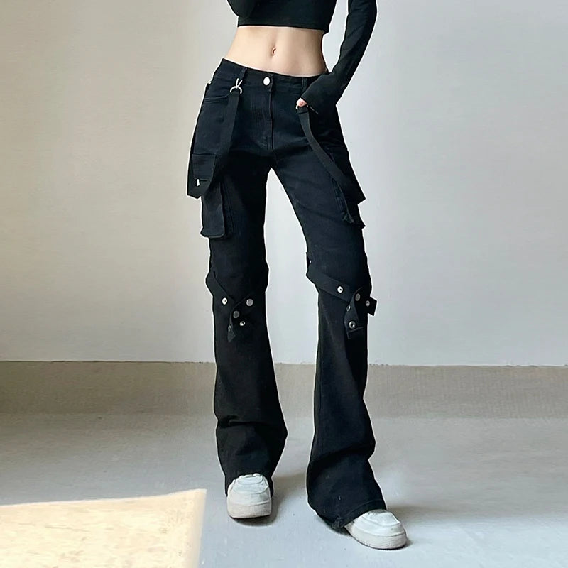 Shadow Veil Streetwear Trousers | Black Straps Pockets Pants - A Gothic Universe - Pants