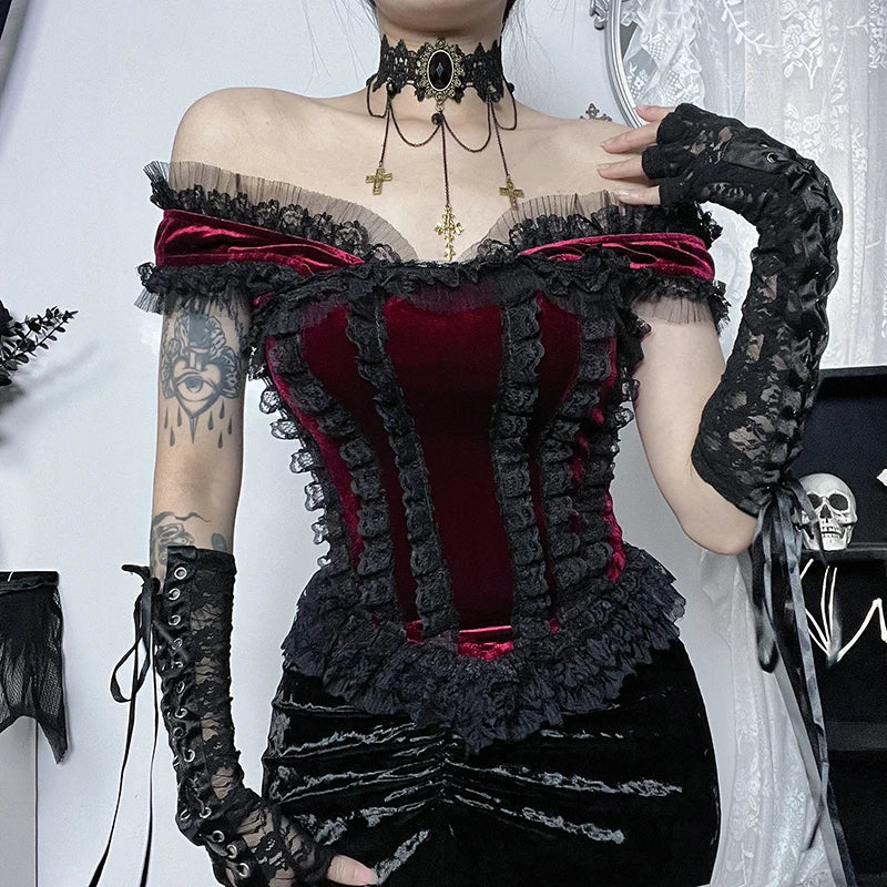 Crimson Elegance Corset Top | Lace, Velvet, and the Heartbeat of the Streets - A Gothic Universe - Tops