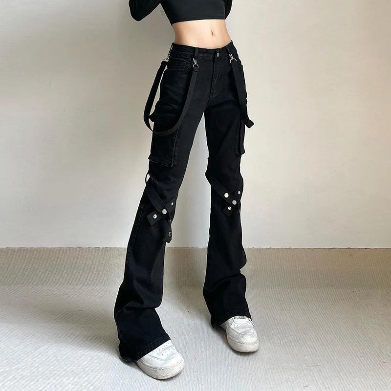 Shadow Veil Streetwear Trousers | Black Straps Pockets Pants - A Gothic Universe - Pants