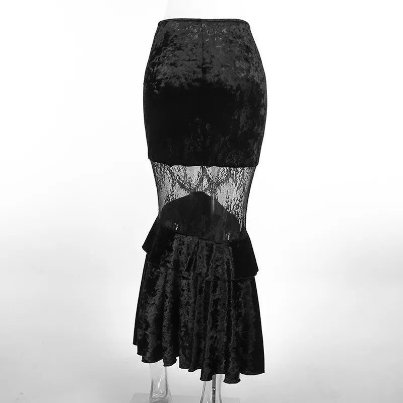 Velvet Mermaid Maxi Skirt | Black | Sexy Cinched Front Floral Lace Cut-Out Pattern - A Gothic Universe - Dresses