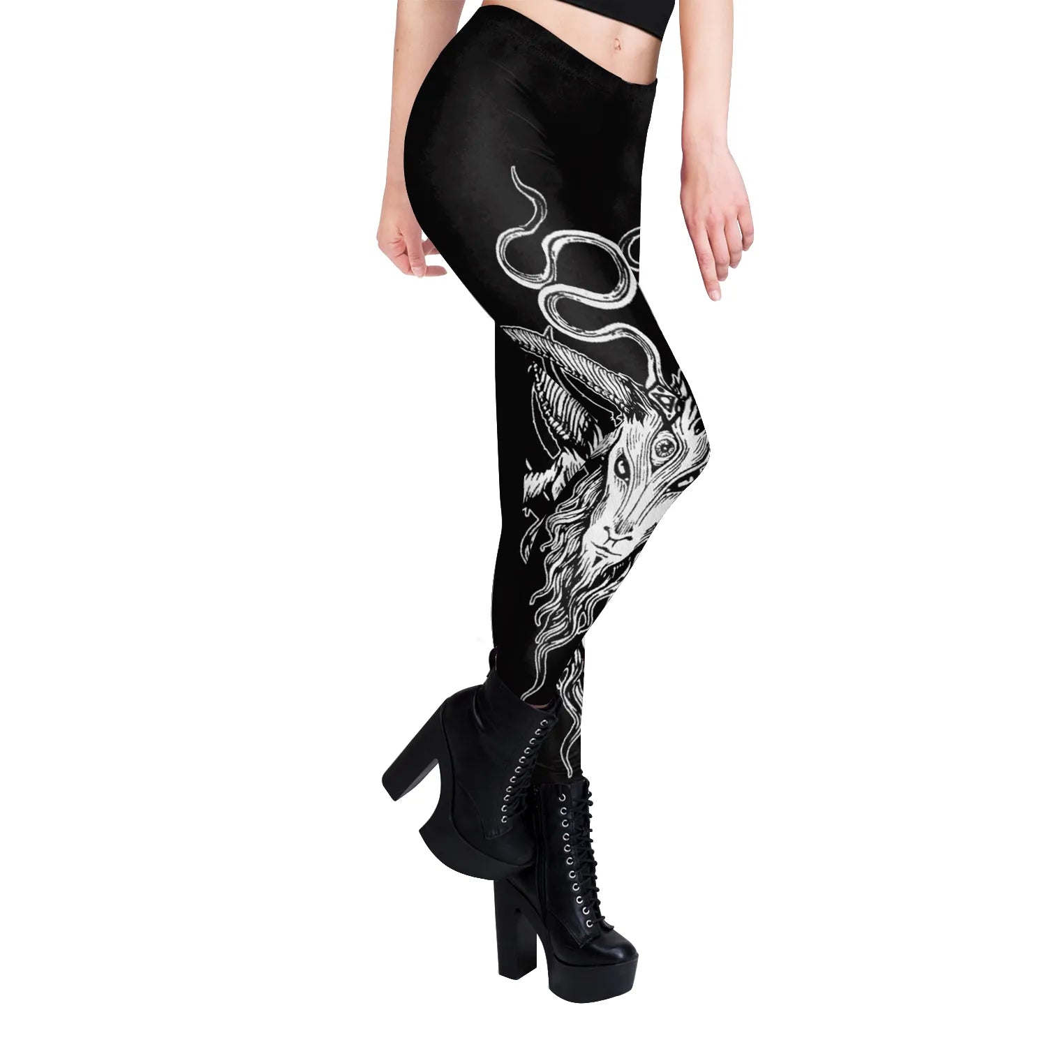 Gothic Black Graphic Leggings | Baphomet | Mid Rise Form Fitting Sleek & Stylish Total Comfort - A Gothic Universe - Leggings