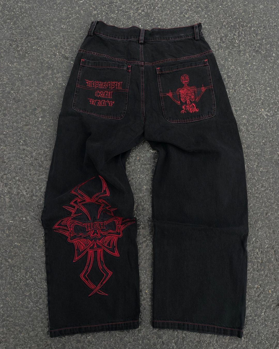 Y2K Skull Embroidery Baggy Denim | Retro Streetwear Wide Leg Jeans - A Gothic Universe - Jeans