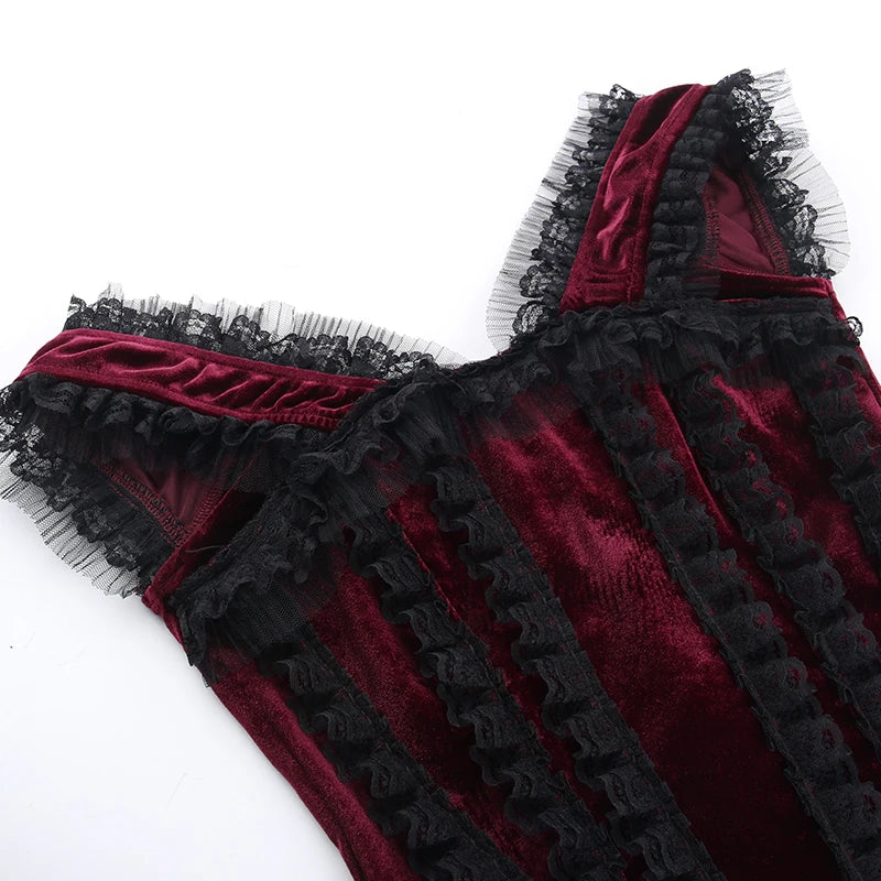 Crimson Elegance Corset Top | Lace, Velvet, and the Heartbeat of the Streets - A Gothic Universe - Tops