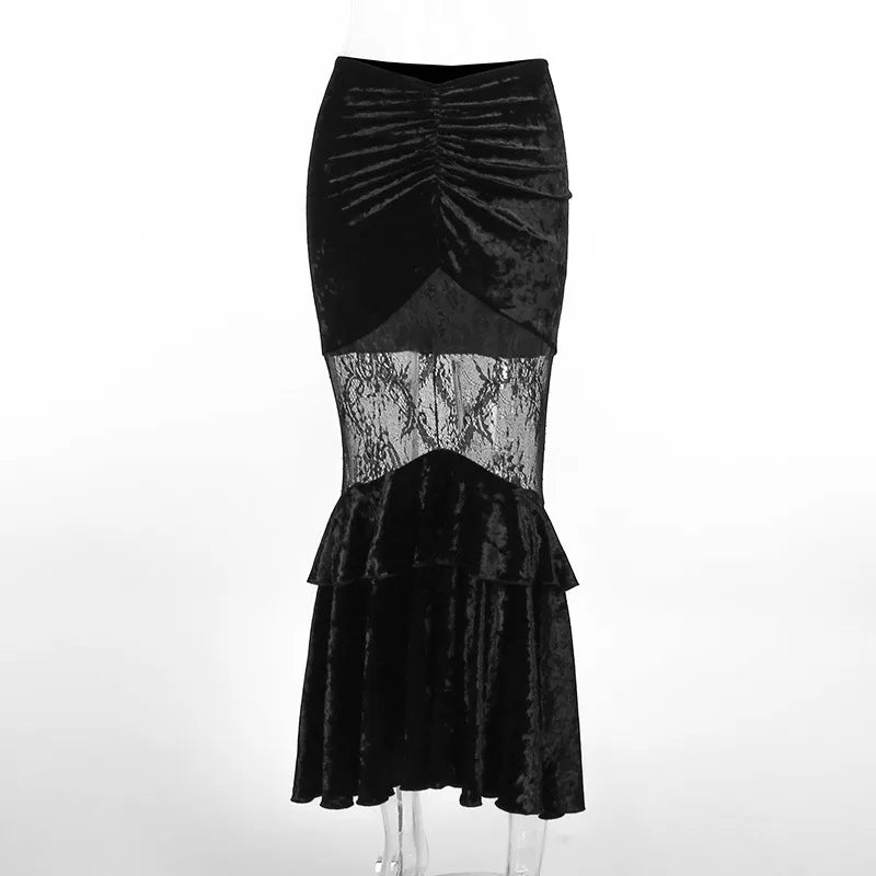 Velvet Mermaid Maxi Skirt | Black | Sexy Cinched Front Floral Lace Cut-Out Pattern - A Gothic Universe - Dresses