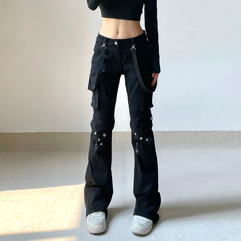 Shadow Veil Streetwear Trousers | Black Straps Pockets Pants - A Gothic Universe - Pants