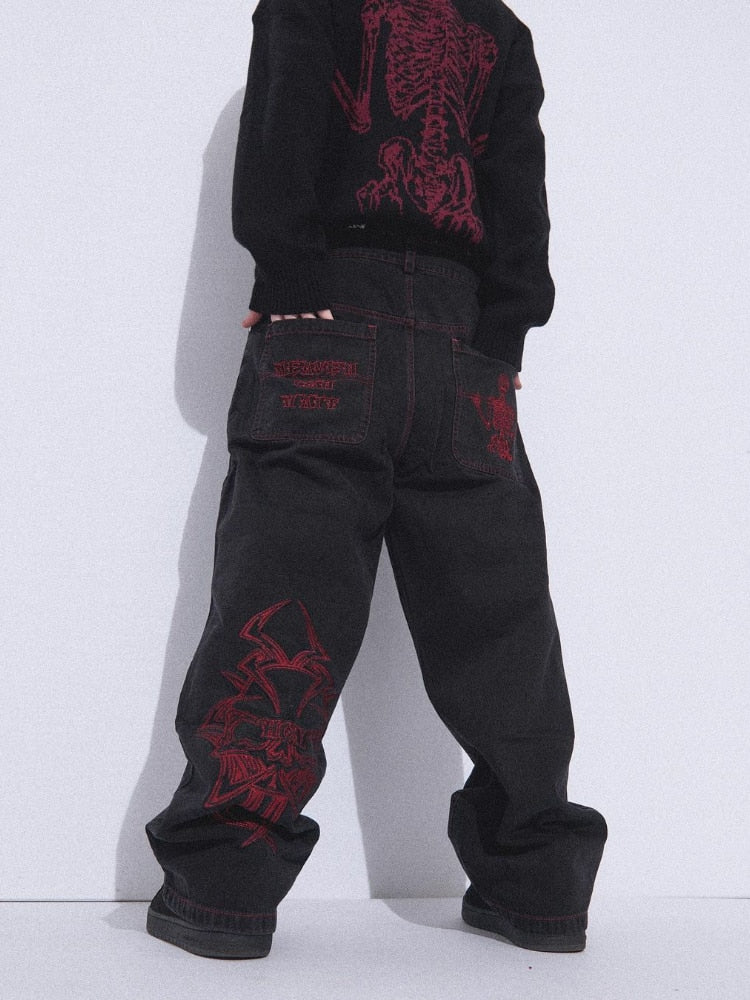 Y2K Skull Embroidery Baggy Denim | Retro Streetwear Wide Leg Jeans - A Gothic Universe - Jeans