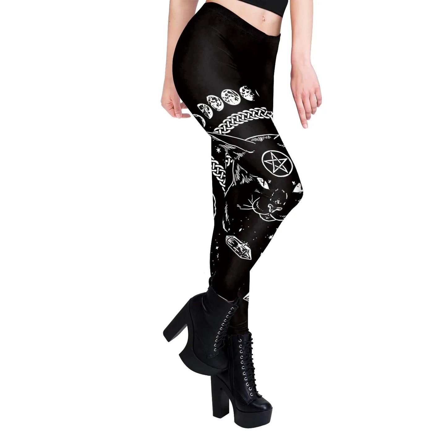 Gothic Black Graphic Leggings | Occult Black Cat | Mid Rise Form Fitting Sleek & Stylish Total Comfort - A Gothic Universe - Leggings