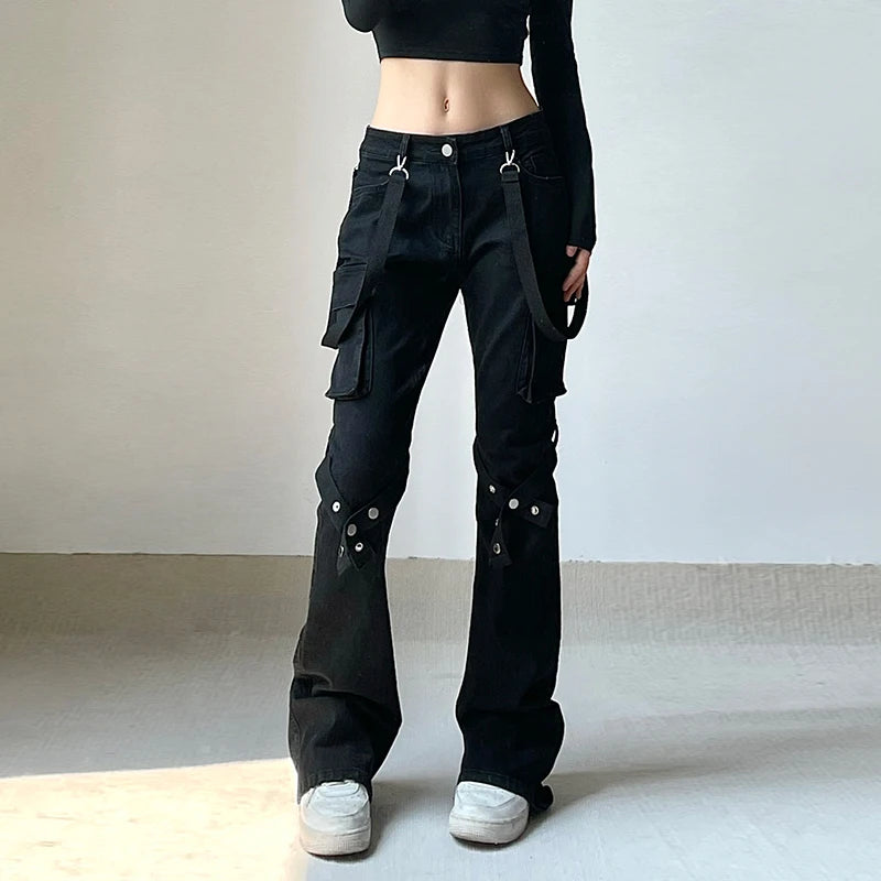 Shadow Veil Streetwear Trousers | Black Straps Pockets Pants - A Gothic Universe - Pants