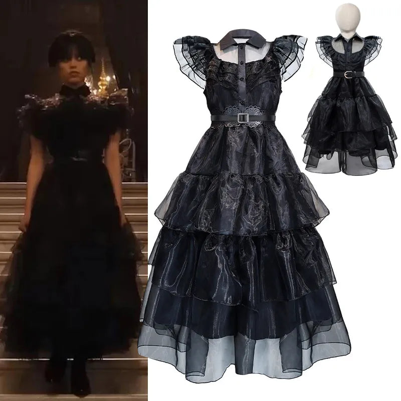 Wednesday Addams Cosplay Dress | Carnival Party | Black Belt Ruffle Sleeves - A Gothic Universe - Dresses