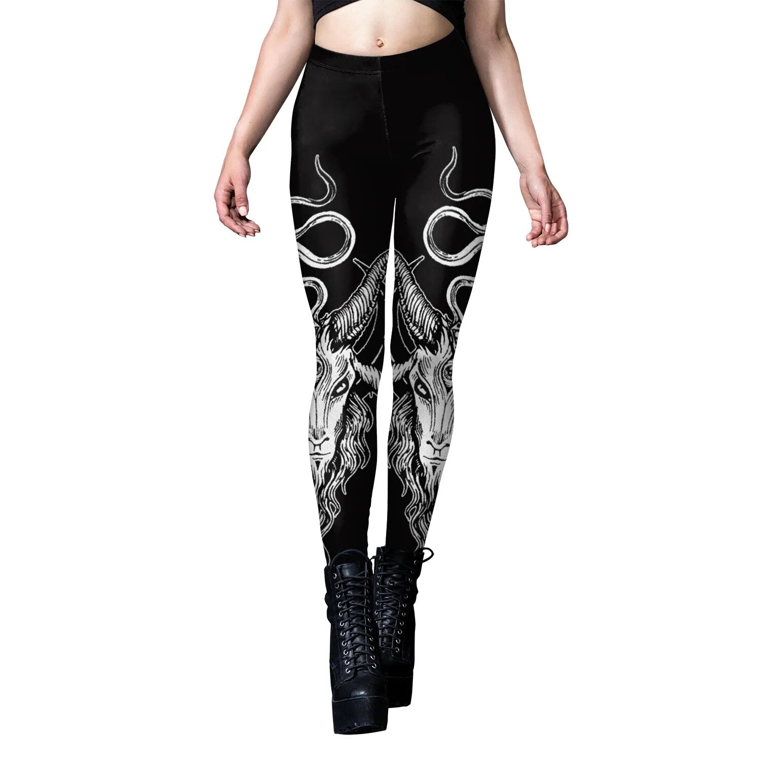 Gothic Black Graphic Leggings | Baphomet | Mid Rise Form Fitting Sleek & Stylish Total Comfort - A Gothic Universe - Leggings