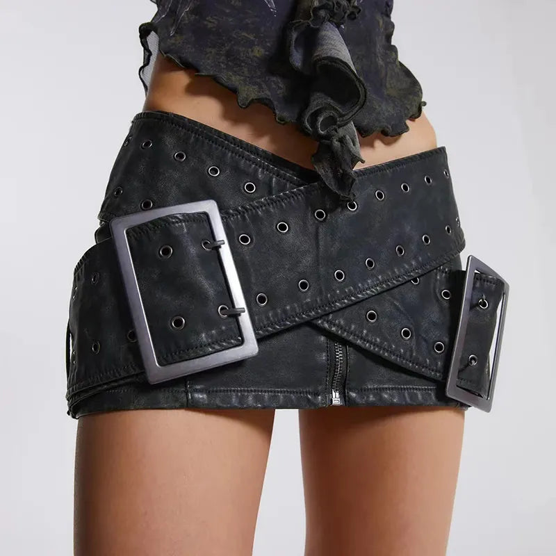 Cross Belted Micro Mini Skirt | Black Wash Faux Leather Low Rise Front Zip - A Gothic Universe - Micro Mini Skirts