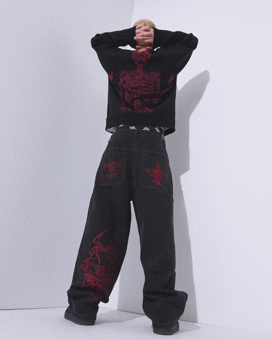 Y2K Skull Embroidery Baggy Denim | Retro Streetwear Wide Leg Jeans - A Gothic Universe - Jeans