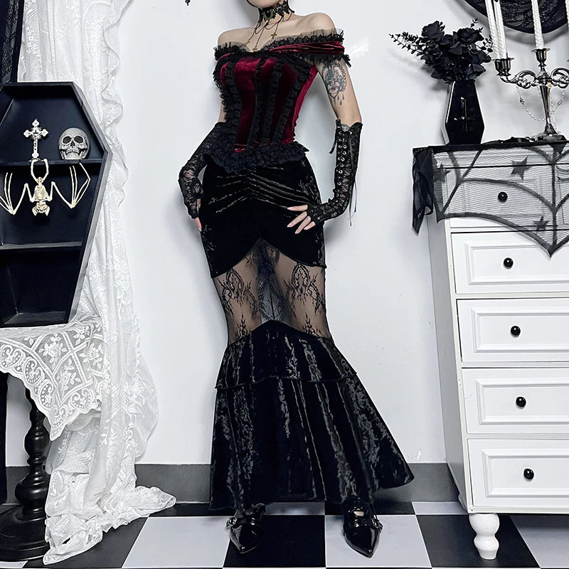 Crimson Elegance Corset Top | Lace, Velvet, and the Heartbeat of the Streets - A Gothic Universe - Tops