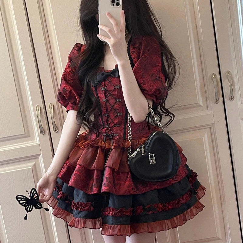 Enchanting Elegance Victorian Gothic Lolita 3-Piece Dress Set | Burgundy & Black - A Gothic Universe - Dresses