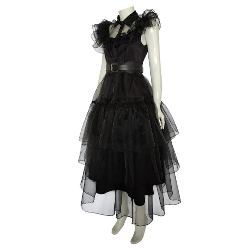 Wednesday Addams Cosplay Dress | Carnival Party | Black Belt Ruffle Sleeves - A Gothic Universe - Dresses