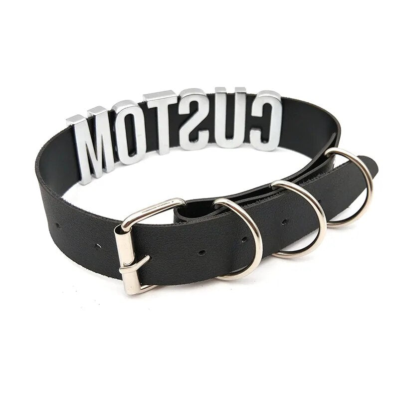 Leather Buckle Collar | Silver Lettering & Closure Hardware Unisex - A Gothic Universe - Chokers