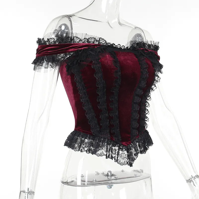 Crimson Elegance Corset Top | Lace, Velvet, and the Heartbeat of the Streets - A Gothic Universe - Tops