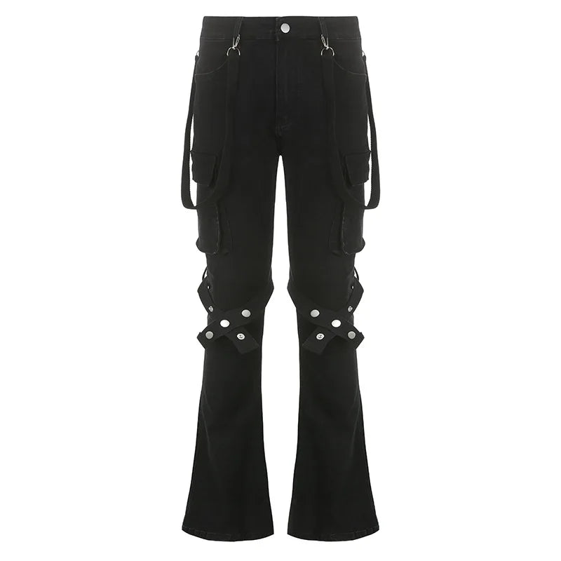 Shadow Veil Streetwear Trousers | Black Straps Pockets Pants - A Gothic Universe - Pants