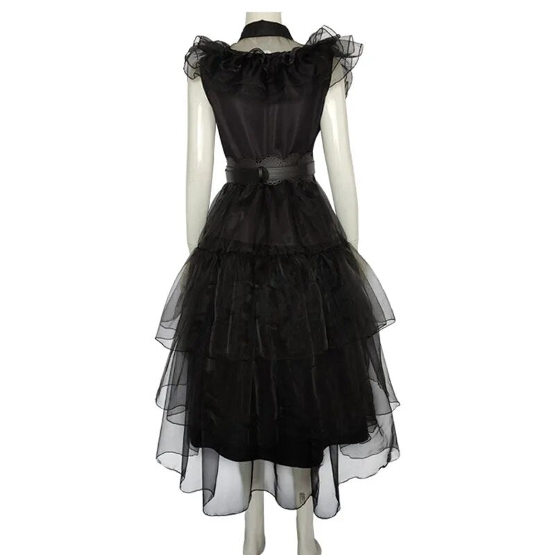 Wednesday Addams Cosplay Dress | Carnival Party | Black Belt Ruffle Sleeves - A Gothic Universe - Dresses