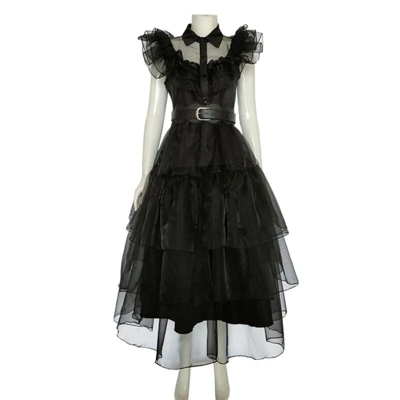 Wednesday Addams Cosplay Dress | Carnival Party | Black Belt Ruffle Sleeves - A Gothic Universe - Dresses