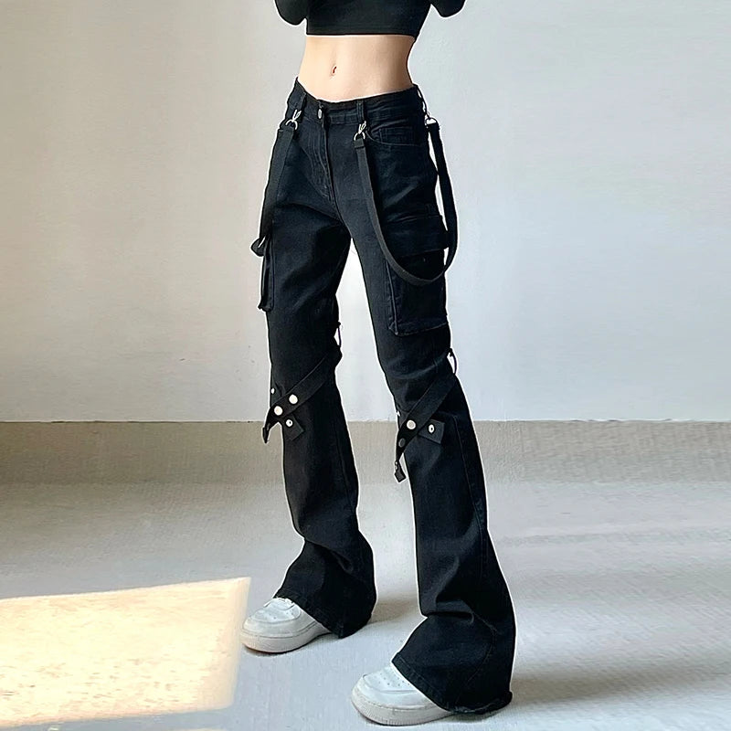 Shadow Veil Streetwear Trousers | Black Straps Pockets Pants - A Gothic Universe - Pants