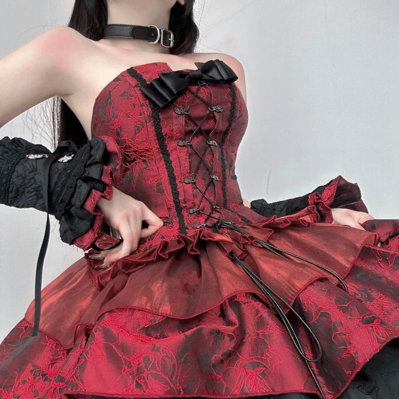 Enchanting Elegance Victorian Gothic Lolita 3-Piece Dress Set | Burgundy & Black - A Gothic Universe - Dresses