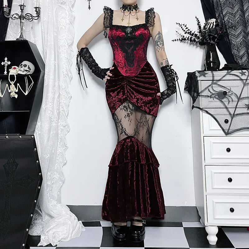 Velvet Mermaid Maxi Skirt | Deep Red | Sexy Cinched Front Floral Lace Cut-Out Pattern - A Gothic Universe - Dresses