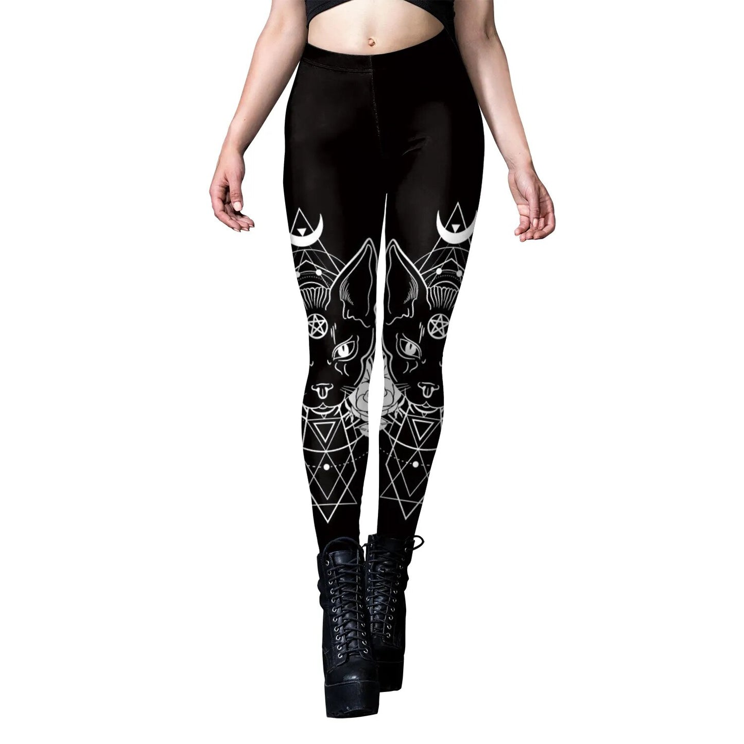 Gothic Black Graphic Leggings | Witches Familiar | Mid Rise Form Fitting Total Comfort - A Gothic Universe - Leggings