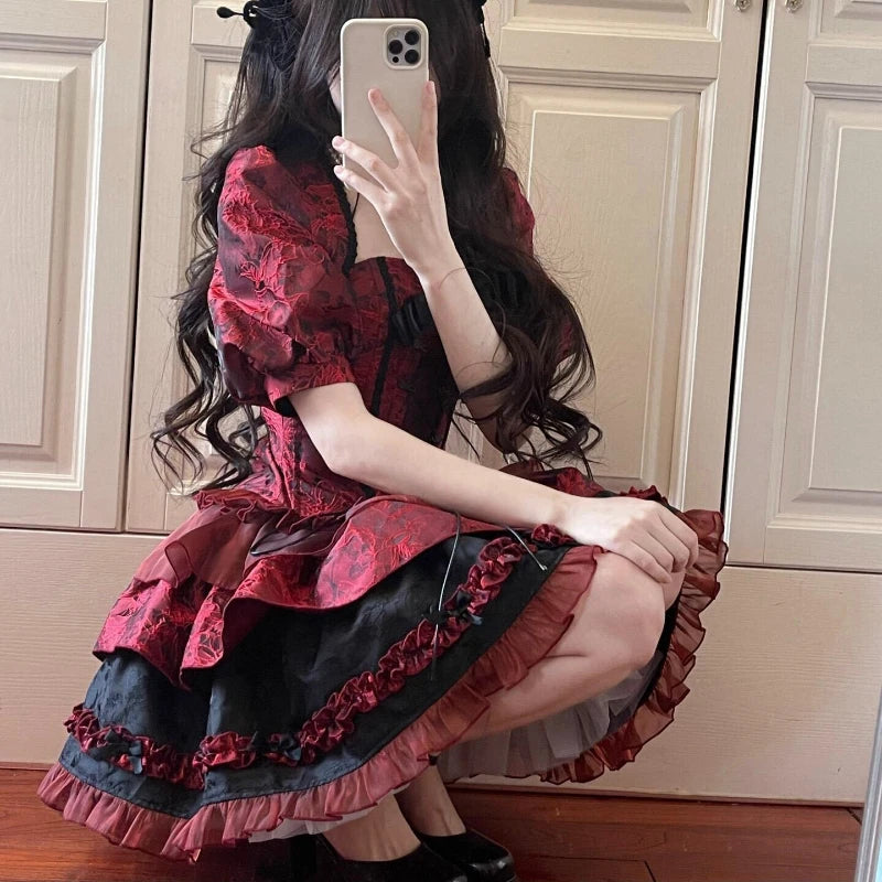 Enchanting Elegance Victorian Gothic Lolita 3-Piece Dress Set | Burgundy & Black - A Gothic Universe - Dresses