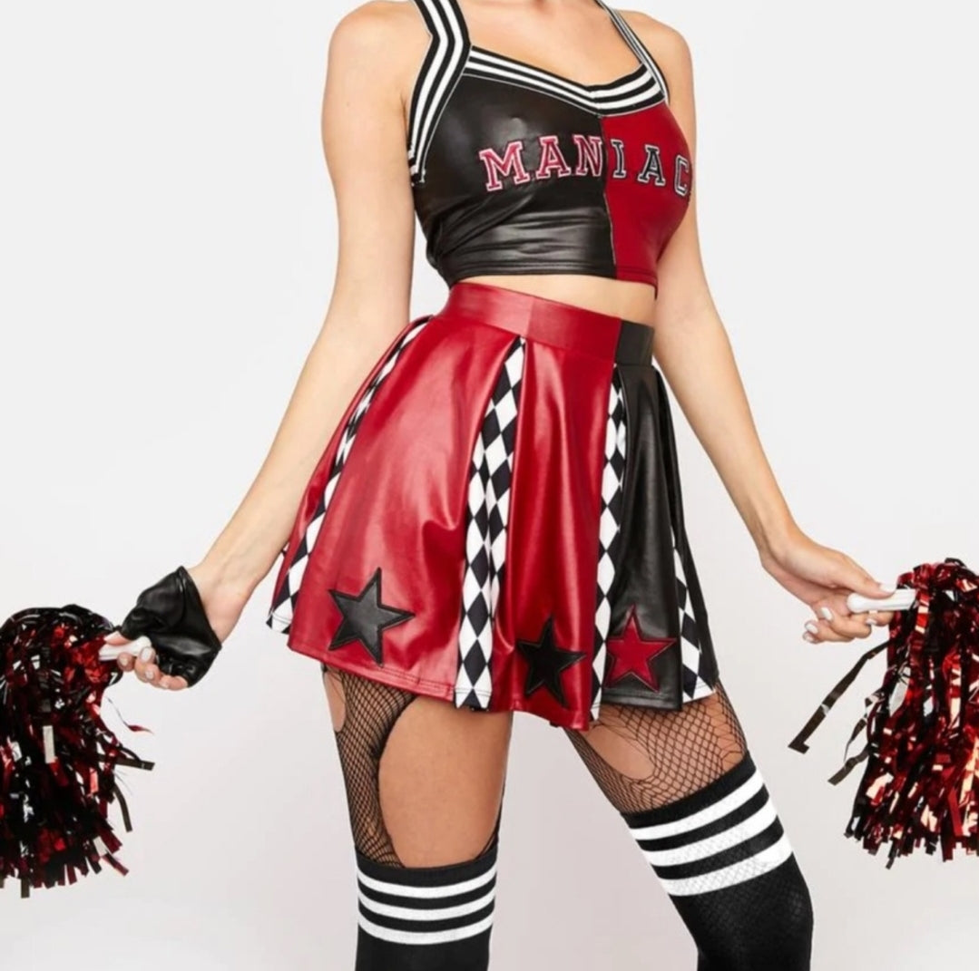 Harley Quinn Cheerleader Costume Set | Red Black Checkered Print - Trickz N Treatz - Costumes