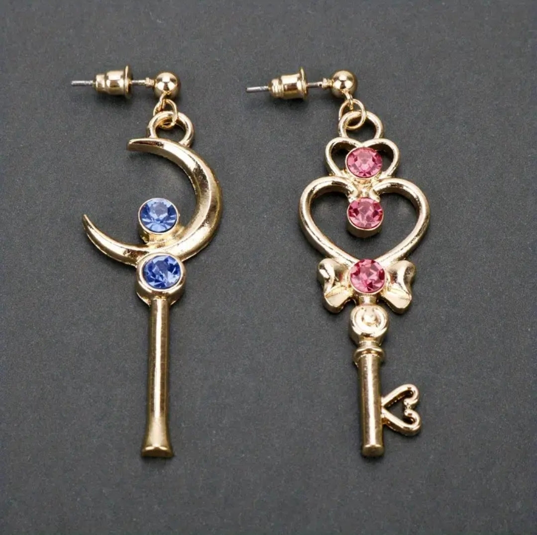 Sailor Moon Crystal Drop Earrings | Pink Blue Gold - Key & Moon Shape - A Gothic Universe - Earrings