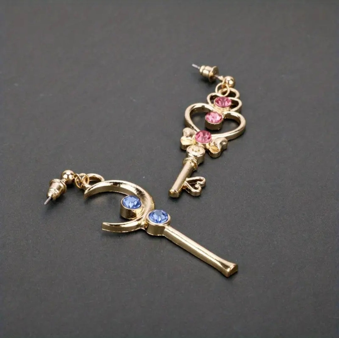 Sailor Moon Crystal Drop Earrings | Pink Blue Gold - Key & Moon Shape - A Gothic Universe - Earrings