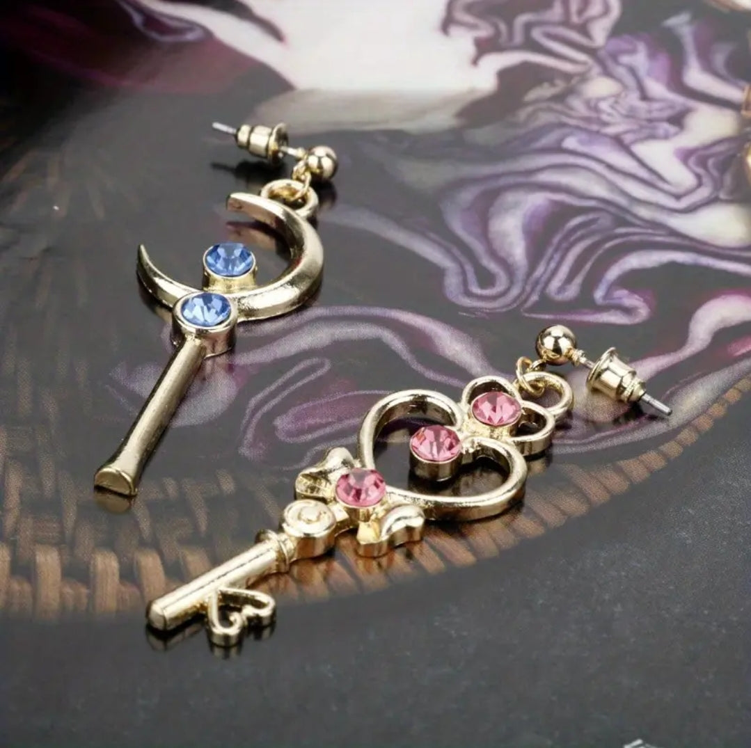 Sailor Moon Crystal Drop Earrings | Pink Blue Gold - Key & Moon Shape - A Gothic Universe - Earrings