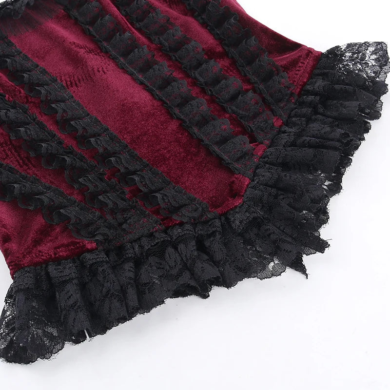 Crimson Elegance Corset Top | Lace, Velvet, and the Heartbeat of the Streets - A Gothic Universe - Tops