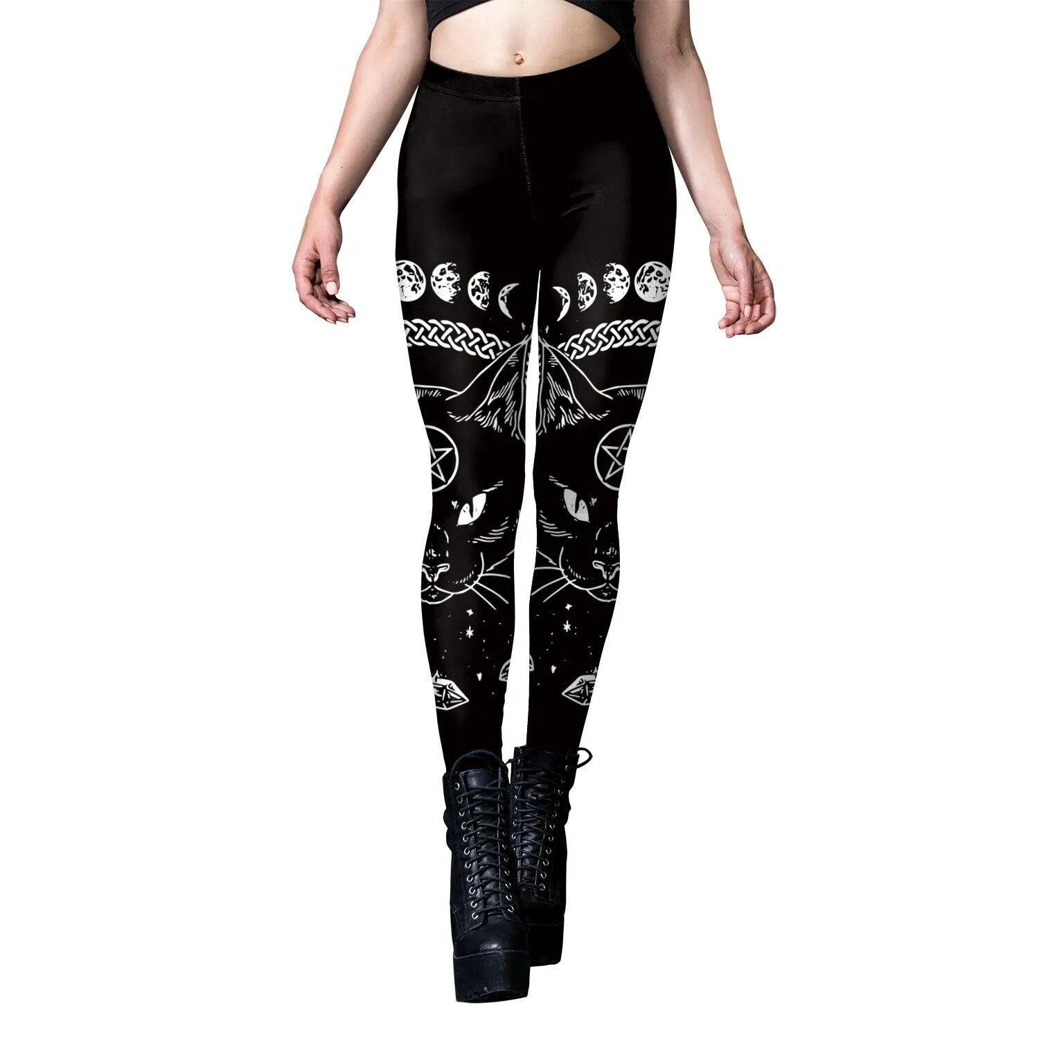 Gothic Black Graphic Leggings | Occult Black Cat | Mid Rise Form Fitting Sleek & Stylish Total Comfort - A Gothic Universe - Leggings
