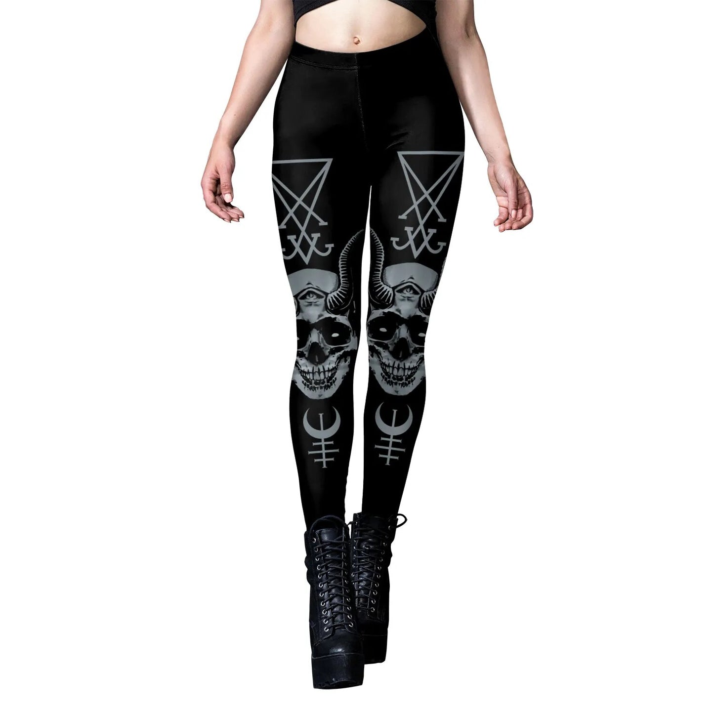 Gothic Black Graphic Leggings | Lucifer Sigil | Mid Rise Form Fitting Sleek & Stylish Total Comfort - A Gothic Universe - Leggings