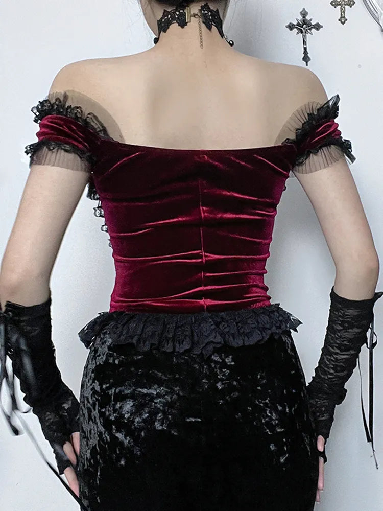 Crimson Elegance Corset Top | Lace, Velvet, and the Heartbeat of the Streets - A Gothic Universe - Tops