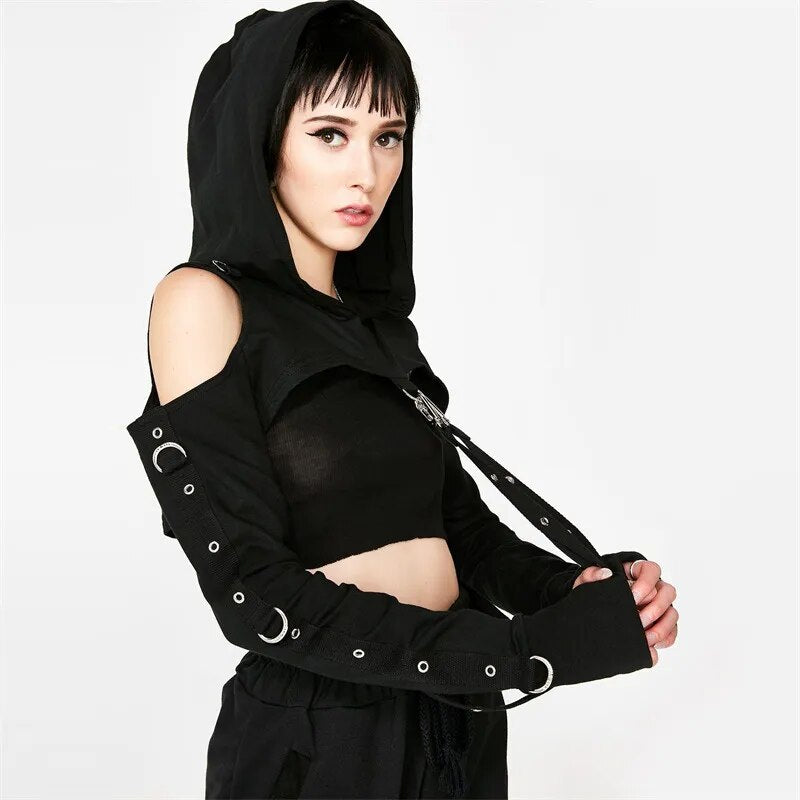 Buckled Lolita Cropped Hoodie | Black Cold Shoulder Gothic Lace-up Back Long Sleeve with Thumb Holes - A Gothic Universe - Cropped Hoodies