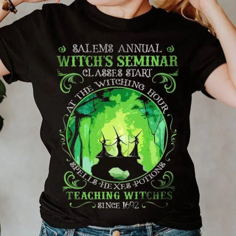 Salem's Annual Witch's Seminar Tee | Black Cotton O-Neckline Short Sleeve - A Gothic Universe - Shirts