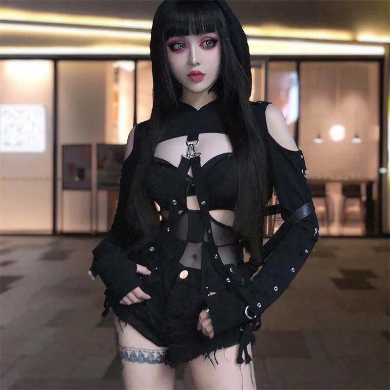 Buckled Lolita Cropped Hoodie | Black Cold Shoulder Gothic Lace-up Back Long Sleeve with Thumb Holes - A Gothic Universe - Cropped Hoodies