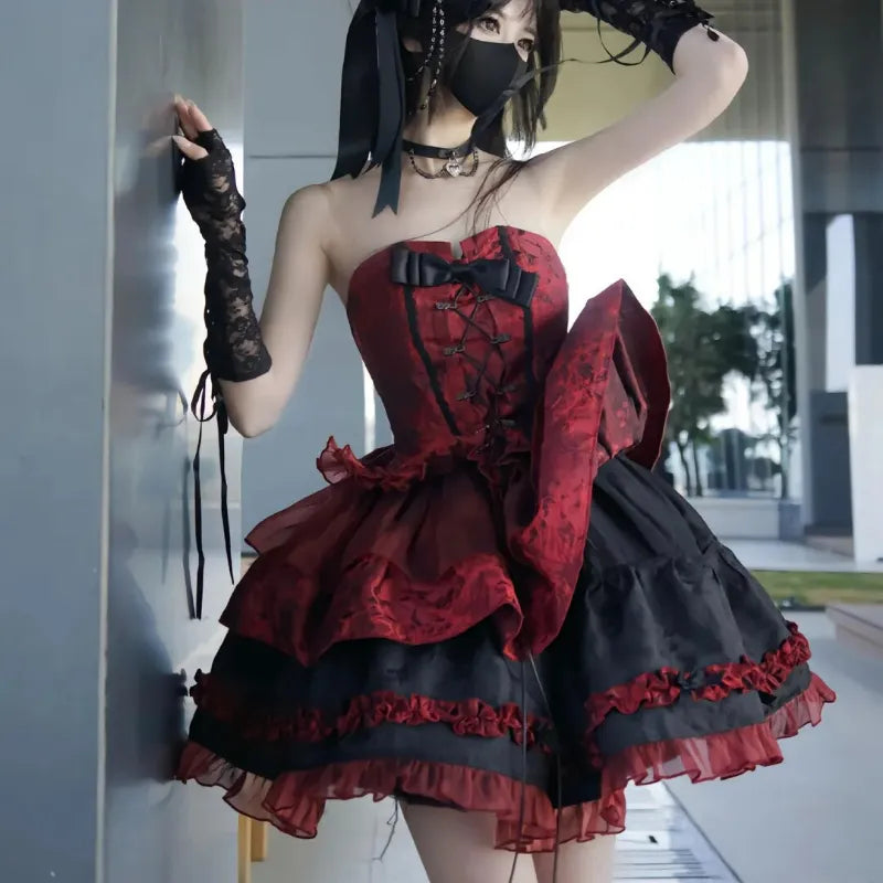 Enchanting Elegance Victorian Gothic Lolita 3-Piece Dress Set | Burgundy & Black - A Gothic Universe - Dresses