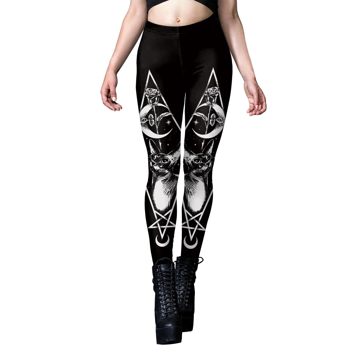 Gothic Black Graphic Leggings | Dark Crescent | Mid Rise Form Fitting Sleek & Stylish Total Comfort - A Gothic Universe - Leggings