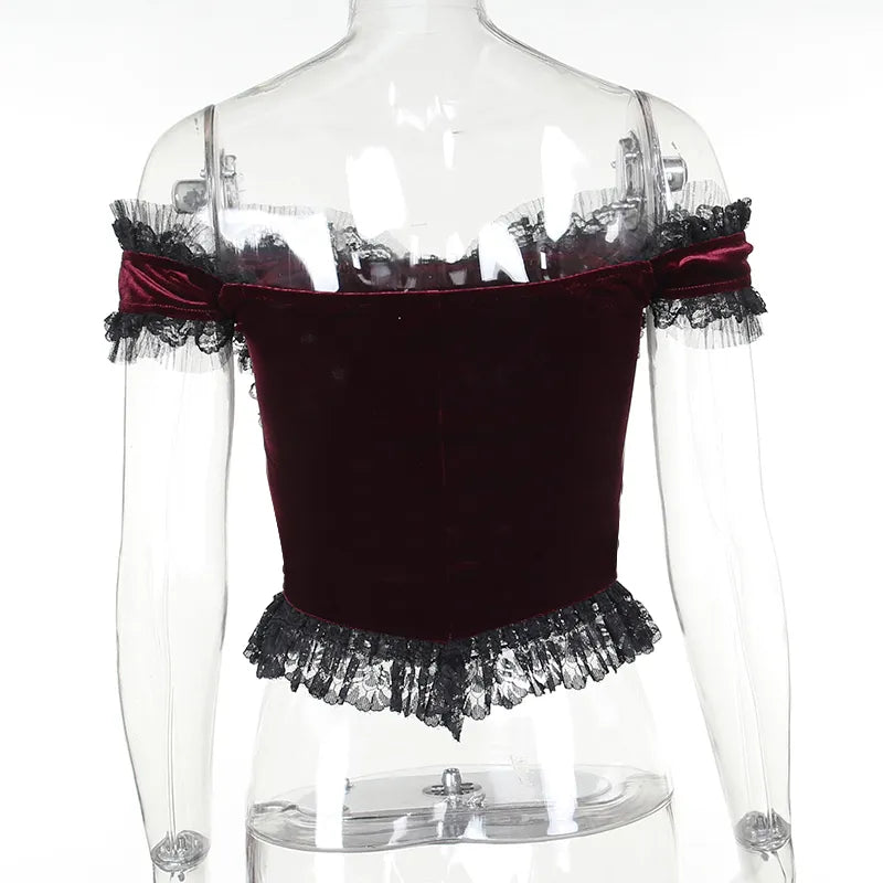 Crimson Elegance Corset Top | Lace, Velvet, and the Heartbeat of the Streets - A Gothic Universe - Tops