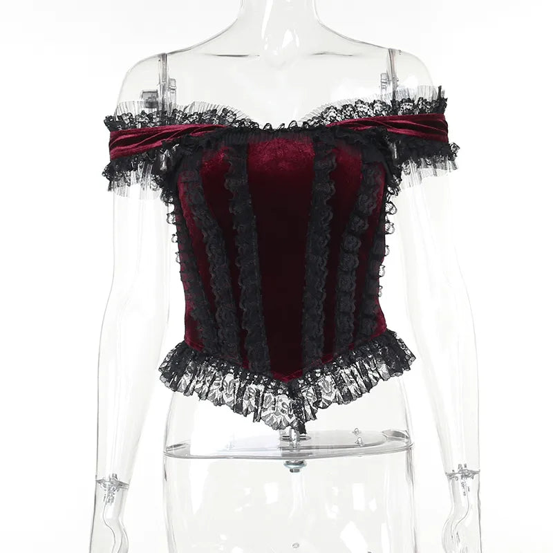 Crimson Elegance Corset Top | Lace, Velvet, and the Heartbeat of the Streets - A Gothic Universe - Tops