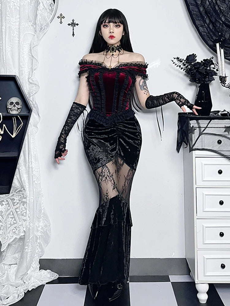 Crimson Elegance Corset Top | Lace, Velvet, and the Heartbeat of the Streets - A Gothic Universe - Tops