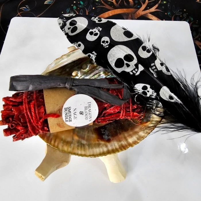 Smudging Set | Dragon's Blood Sage, Black Skull Feather & Tiger Shell - A Gothic Universe - Smudging Sets