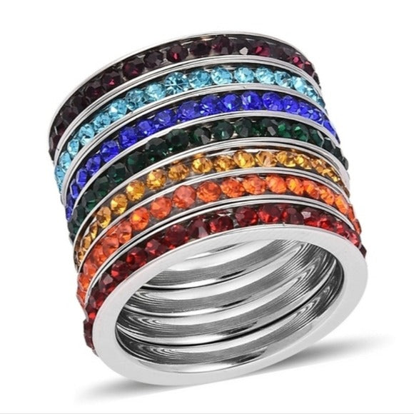 7 Austrian Crystal Stackable Rings | Stainless Steel Chakra Crystals Band Rings - A Gothic Universe - Rings