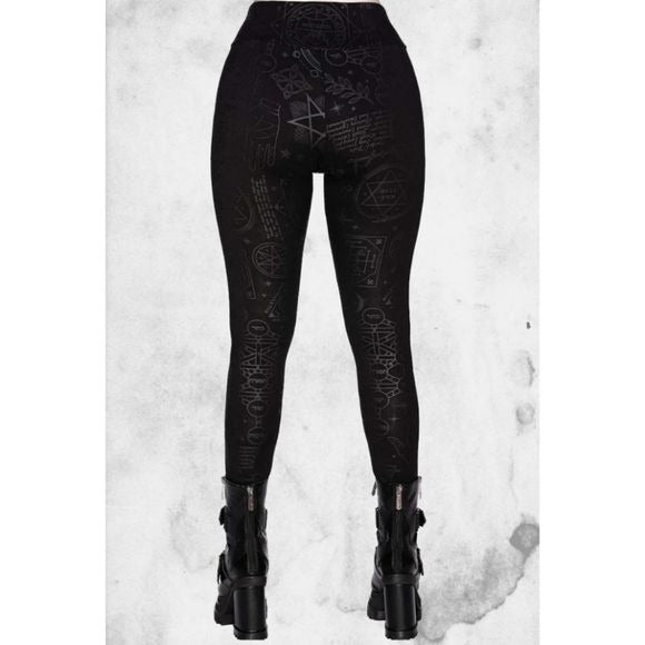 Telepathic Leggings | Black on Black Print Wide Waistband Stretchy Soft - Killstar - Leggings