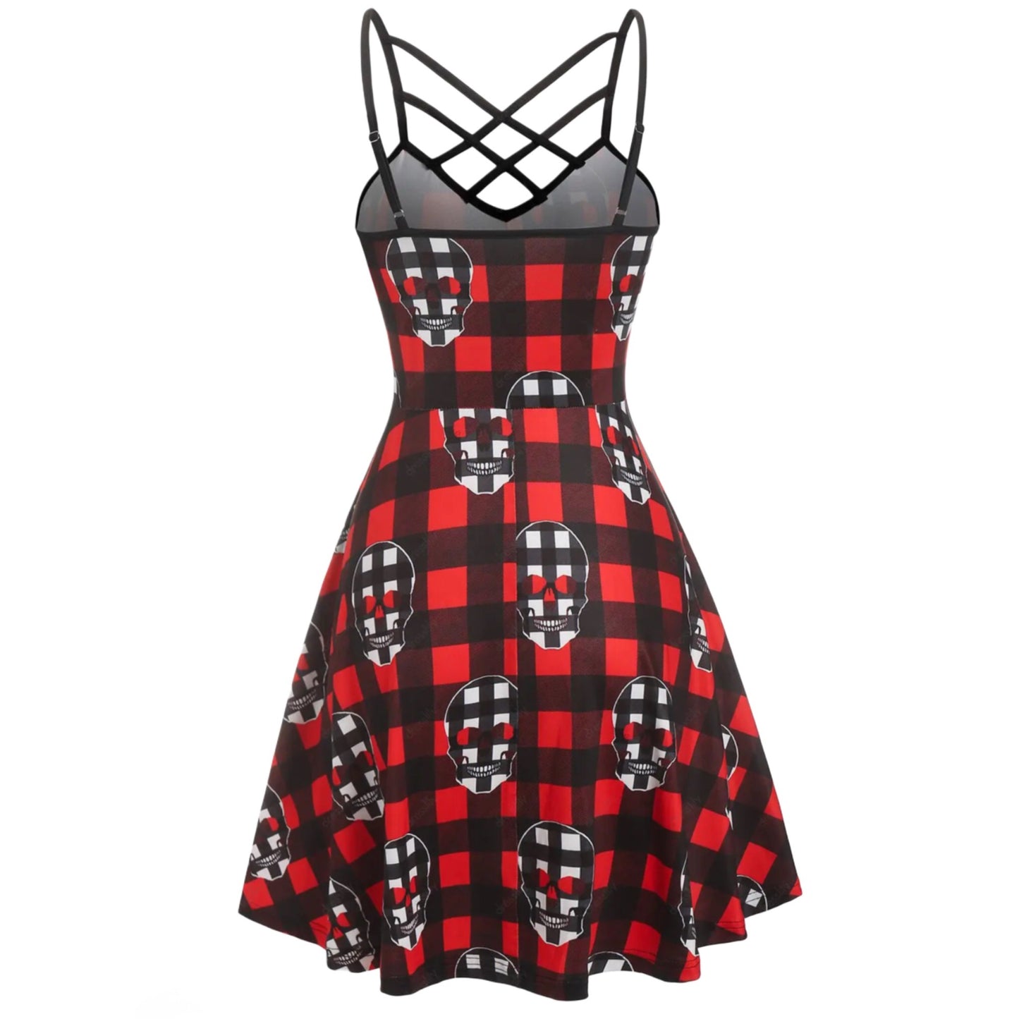 Gothic Plaid Skull Lace Up Corset Style Cross Lattice Strappy Flare Dress - A Gothic Universe - Dresses