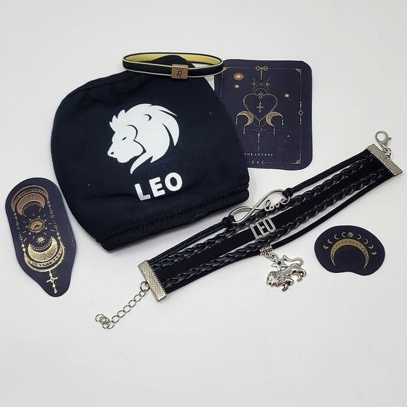 Leo Zodiac | Black Leather Charm Bracelet Face Mask Hair Tie Foil Sticker - A Gothic Universe - Bracelets